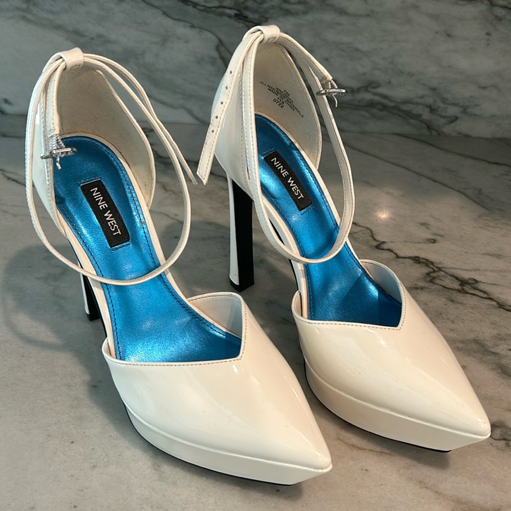 Nine West White Patent Pointed Toe Platform Pumps with Blue Liner